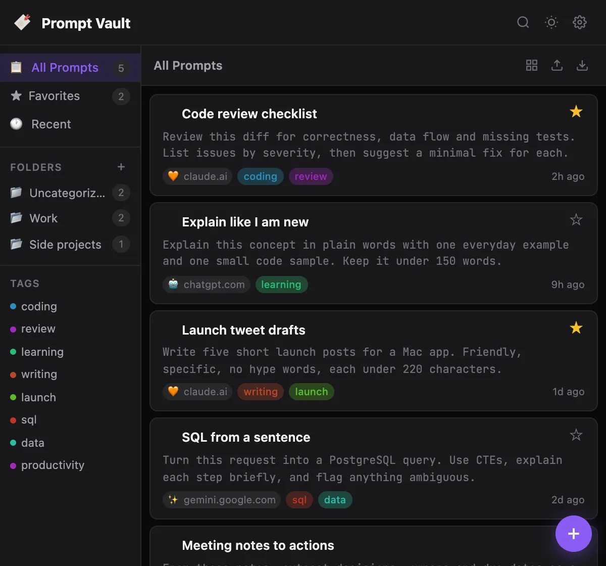 Prompt Vault: saved prompts with tags, folders and the AI tool each came from.